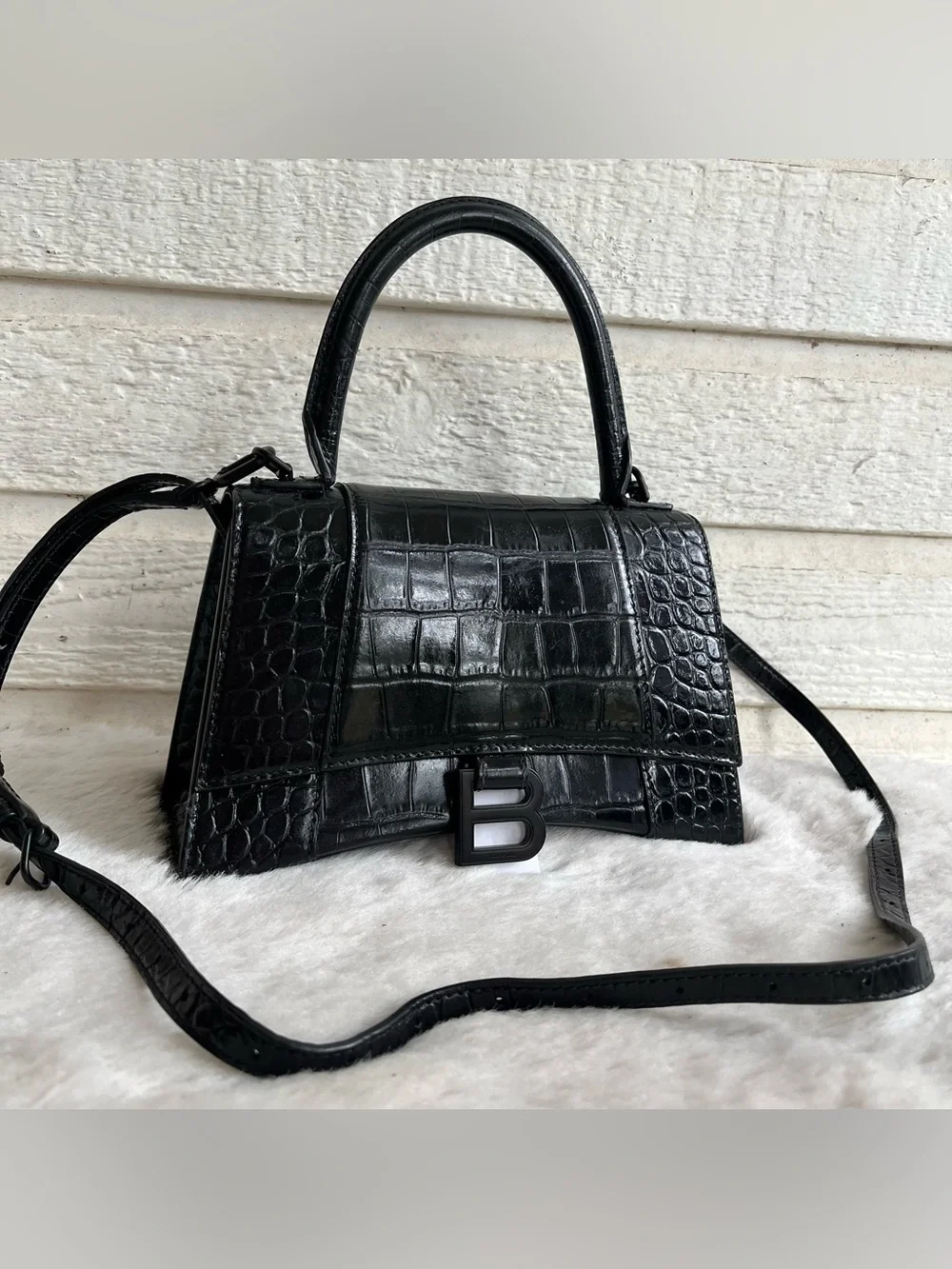 BALENCIAGA Black Croc Hourglass Mini Baguette Crossbody Flap Top Handle Handbag